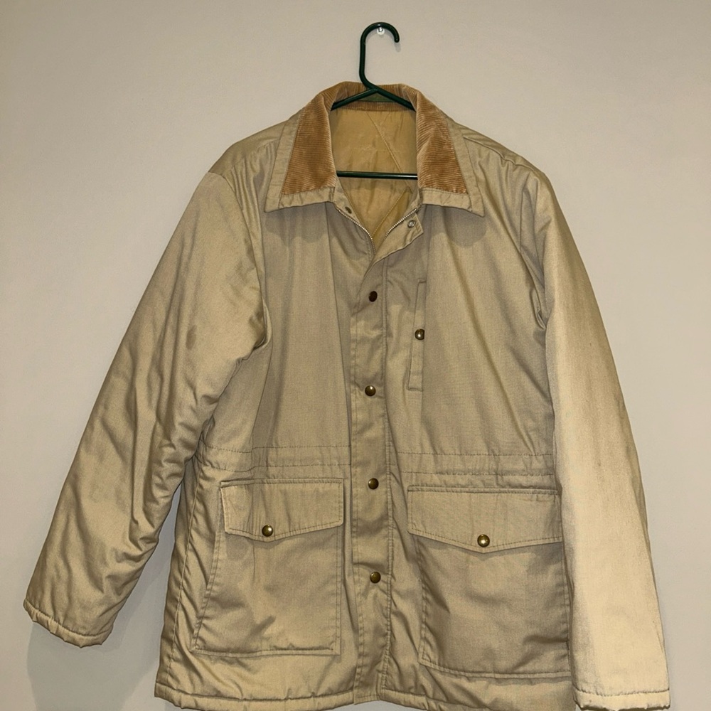 Vintage Chore Coat, Tan Jacket with Brown Collar, Made in the USA